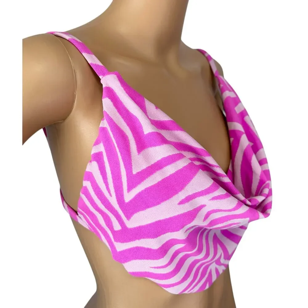 2/$15 NWT Jessica Simpson Zebra Print Drapey Swim Top Pink Cowl Swimwear Size S